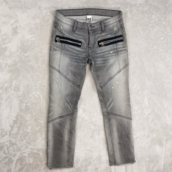 NSF Jeans Women's 27 Gray Washed Denim Distressed Straight Zippered Retro Y2K - Picture 1 of 16